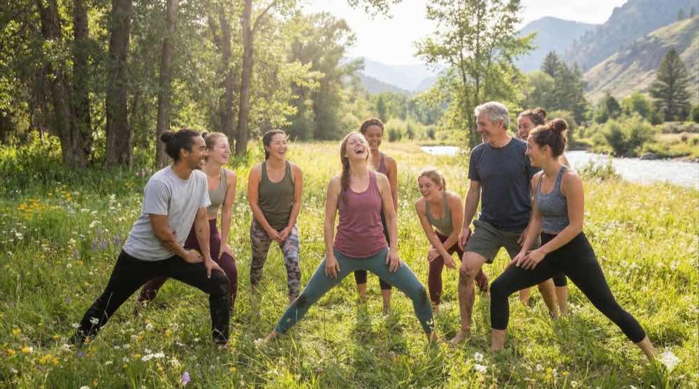 Group yoga practice in a natural setting